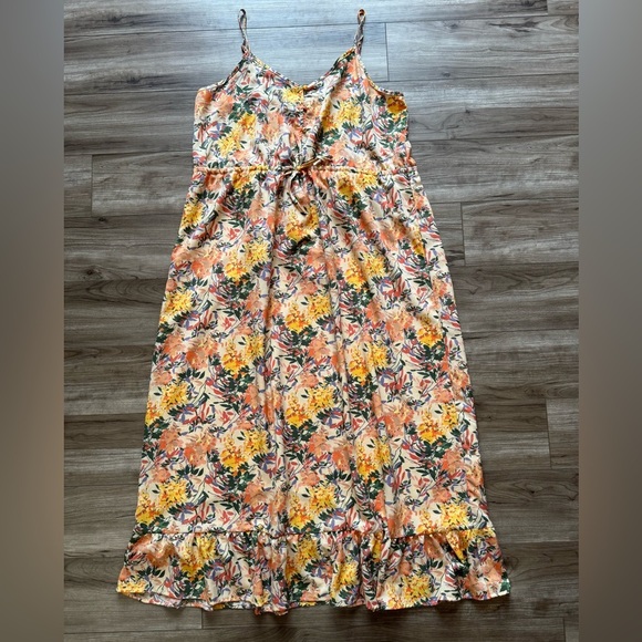 Ophelia Roe Drawstring Waist Smocked back Sundress Flounced Yellow Floral Sz XL - Picture 2 of 13